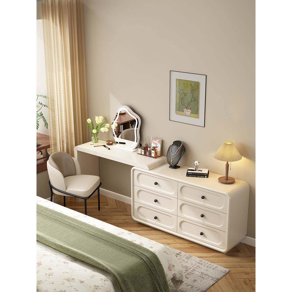 全实木奶油风梳台柜妆747一卧室化妆桌体床斗尾斗柜妆台一体伸缩