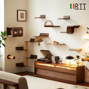 RTT黑胡桃实木猫爬架猫窝一体墙壁式不占地实木猫抓柱猫跳台