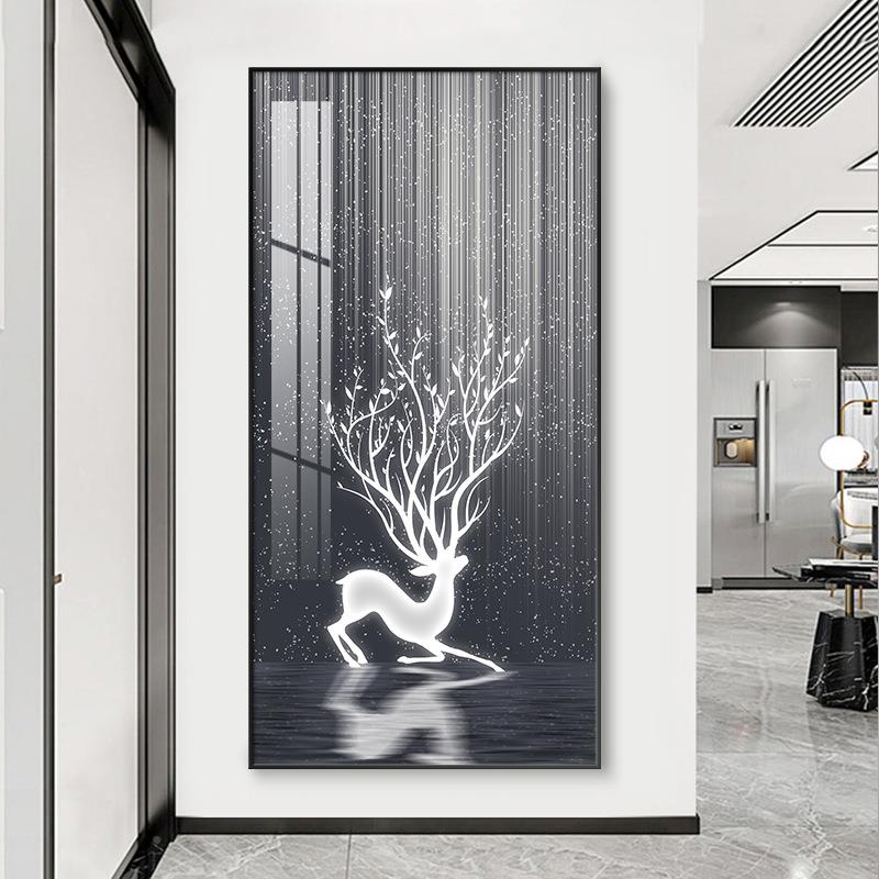 入户玄装饰竖版现代简约走廊关过道壁呦呦鹿鸣画新款寓好意麋鹿挂