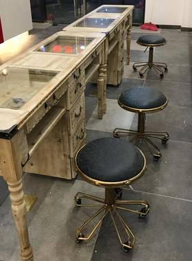 复古木三美甲桌椅凳子实套装奢美甲桌双层玻璃单人双人人轻GHS简