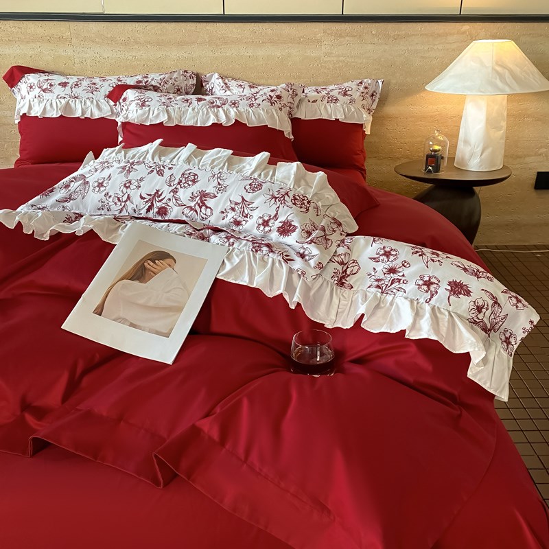 160支婚嫁长绒棉四件套红色新婚庆花边床品喜被纯棉结婚床单1.8床