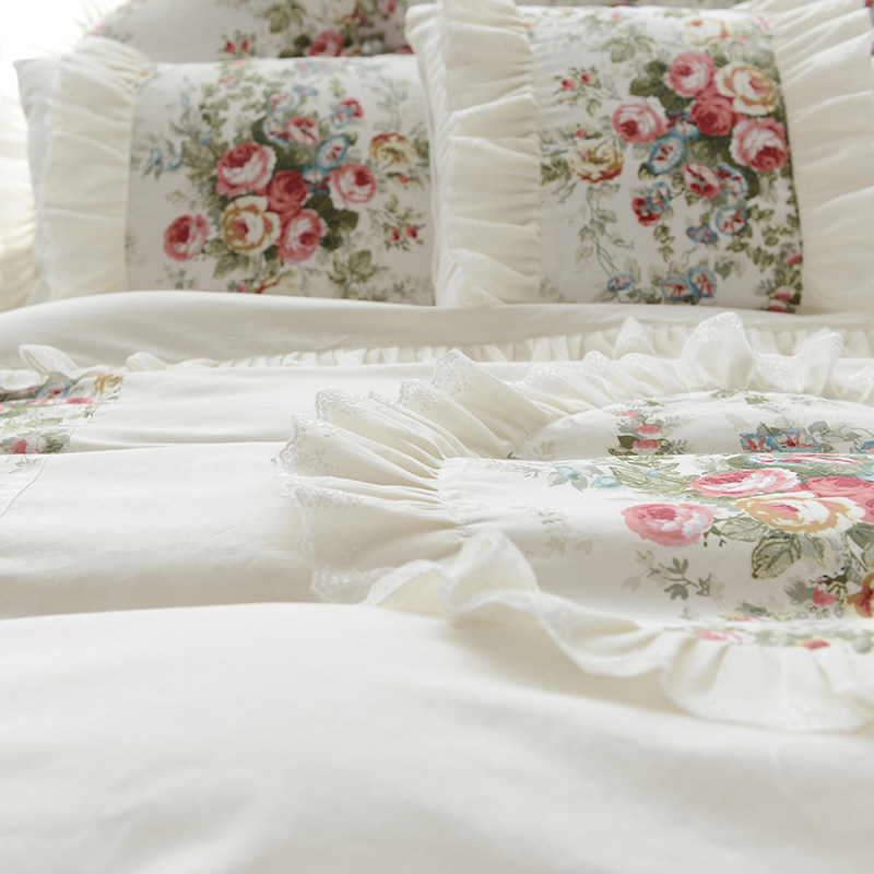 欧式田园风小碎花全棉公主风床上用品纯棉四件套蕾丝白色床裙被套