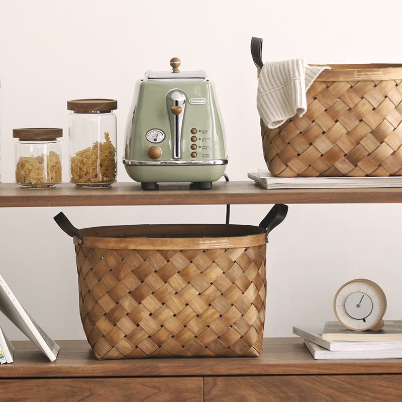 手工木片编织篮竹编竹篮子手提收B纳篮桌面收纳筐菜篮购物篮野餐