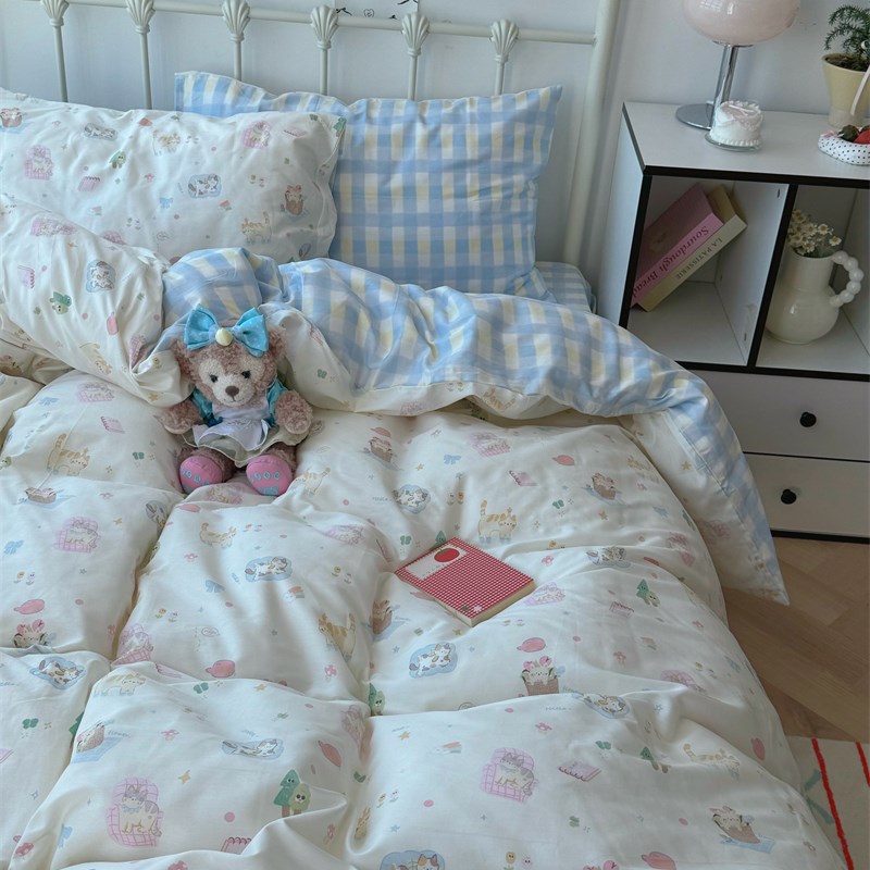 梨梦 沙发慵懒猫 可爱卡通纯棉四件式全棉床单被套宿舍床上用品