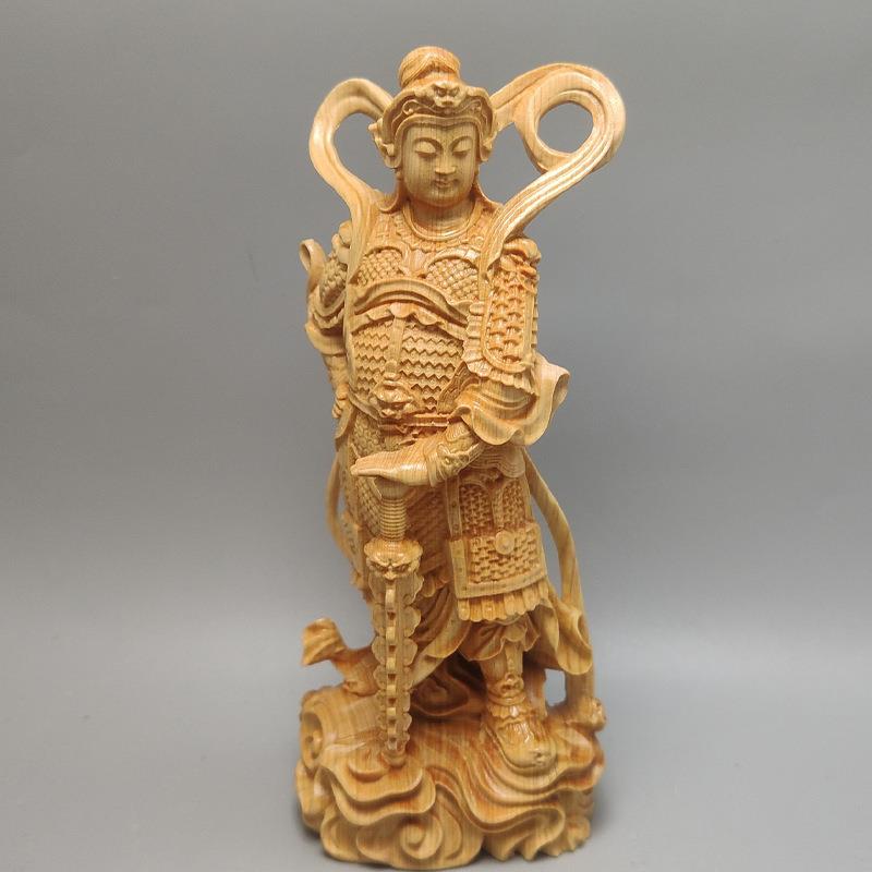 天然木黄杨木韦雕家居AMX左护右法关公陀珈蓝菩萨摆件武财桧神关