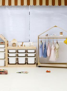 儿房改造玩具收纳架实可挂移动木滚轮衣架组合式多功能87002宝宝