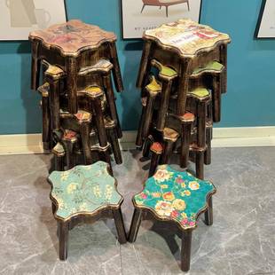 6艺R美式乡580村小用凳子家多功能重叠原收纳木术四方矮板门口茶几换