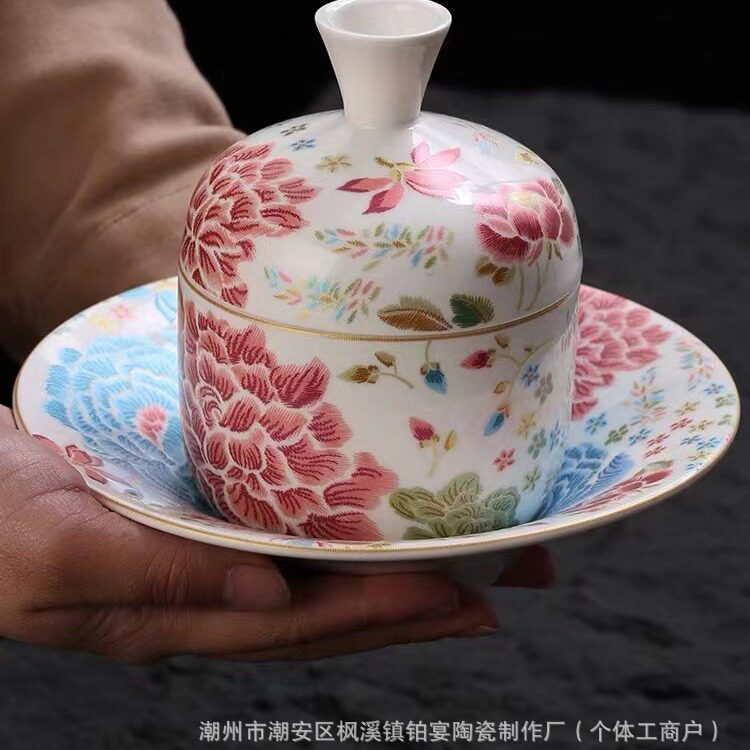 刺绣小炖盅陶瓷加热酒店餐厅一人份食佛跳墙位上汤盅带盖手工陶瓷