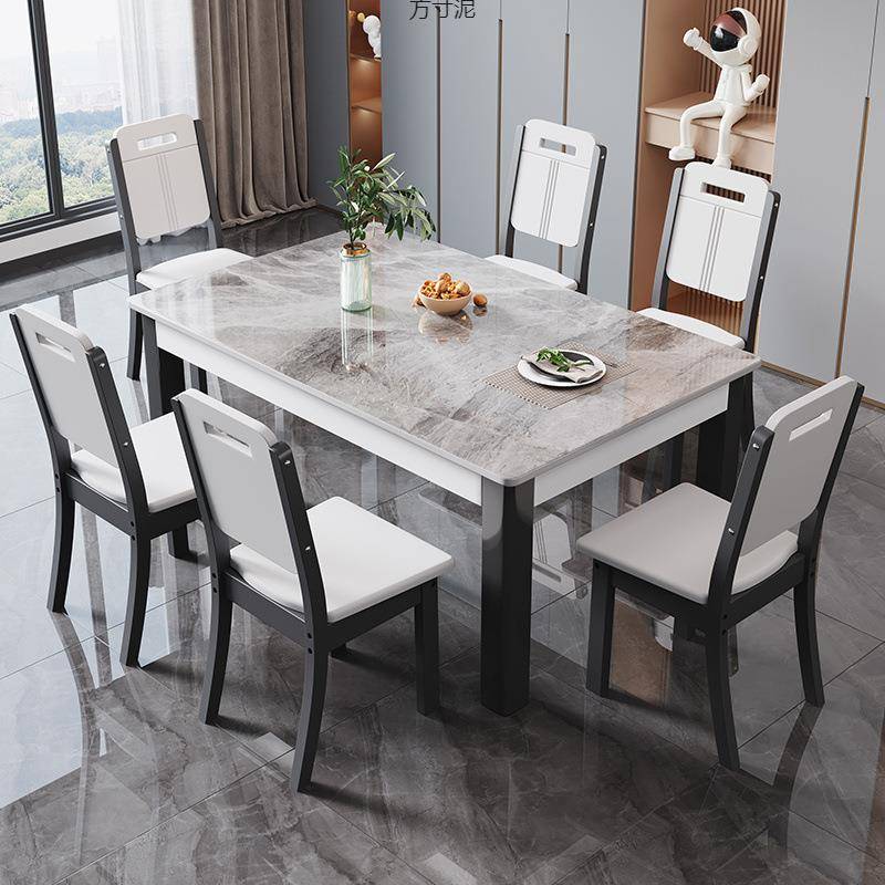 岩板餐椅组合现简约实见详情木亮光家用代长桌方形小户型西吃饭桌