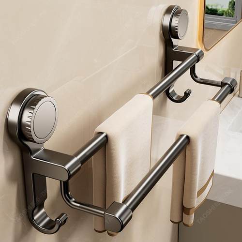 陶市吸盘卫生间毛巾子壁挂GQJ免打孔架置物架浴室洗毛双杆手间巾