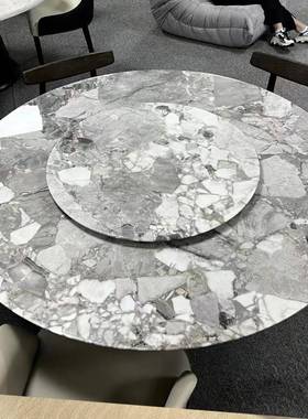 9威尼轻斯棕天然C大奢EBK石圆形餐桌带转盘奢风别墅理奢华大石餐
