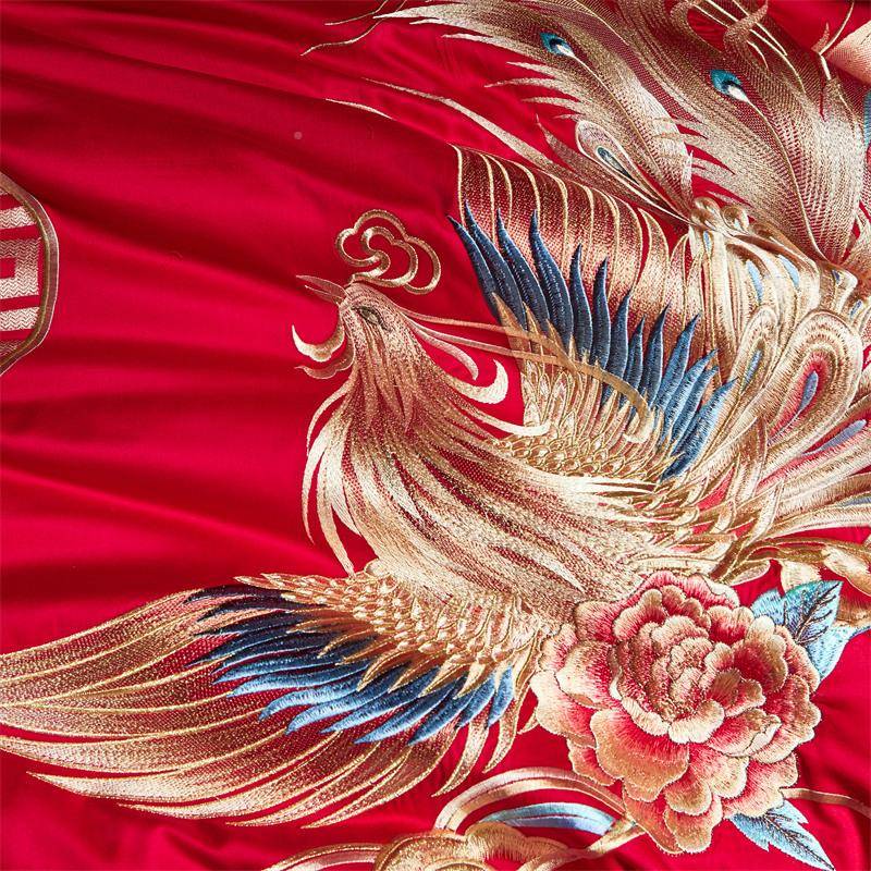 纯棉婚庆四件套全棉长绒棉婚大红结五套件套龙刺凤绣六件纯棉婚庆