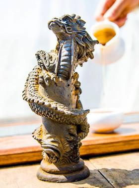 中创056意仿铸铁摆面件飞龙茶在天浮雕式像绕柱子桌摆件居家宠工