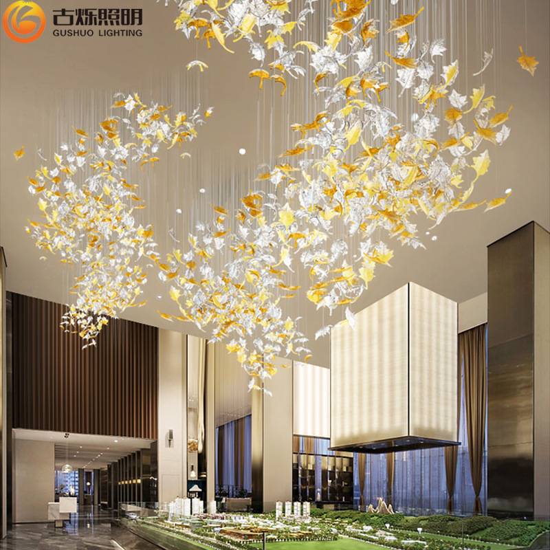 酒店大厅琉璃枫叶非标工程吊灯创意个性别墅客厅长条枝形灯具工厂