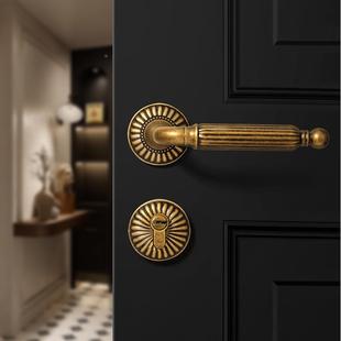 法静式黄铜卧室门锁内门把手音磁吸分古体锁复古美式木97黄古室门