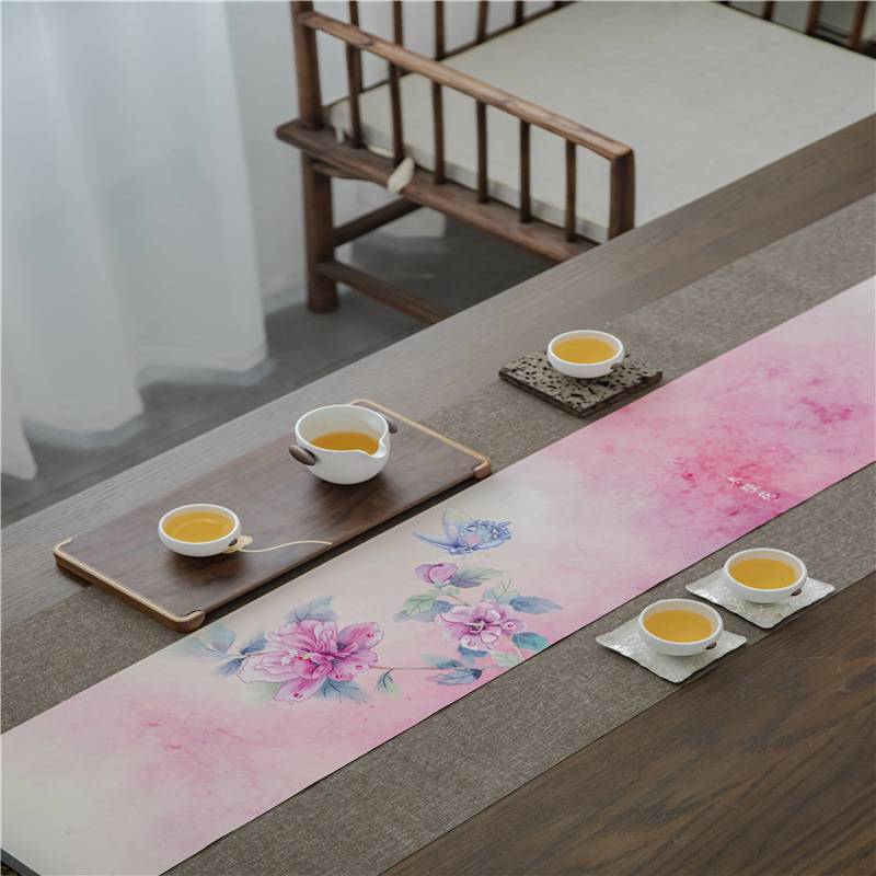 亚麻防水茶席鹿皮绒桌旗彩绘禅意茶桌布中式棉麻布茶旗防滑茶布垫