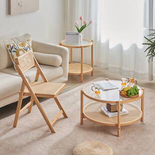 日式圆形实木藤编玻璃茶几客厅家用小户型现代简约沙发边几小茶桌