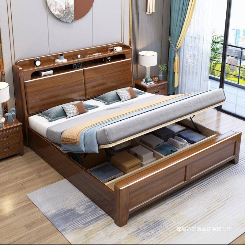 新中式胡桃木实木床1.8米人现代简约1米658555单双人床出公寓租储