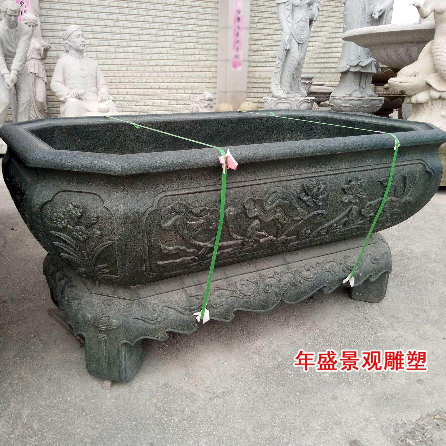 福建石雕仿古鱼缸厂家 荷花浮雕石槽 庭院园林雕刻养鱼池子水缸