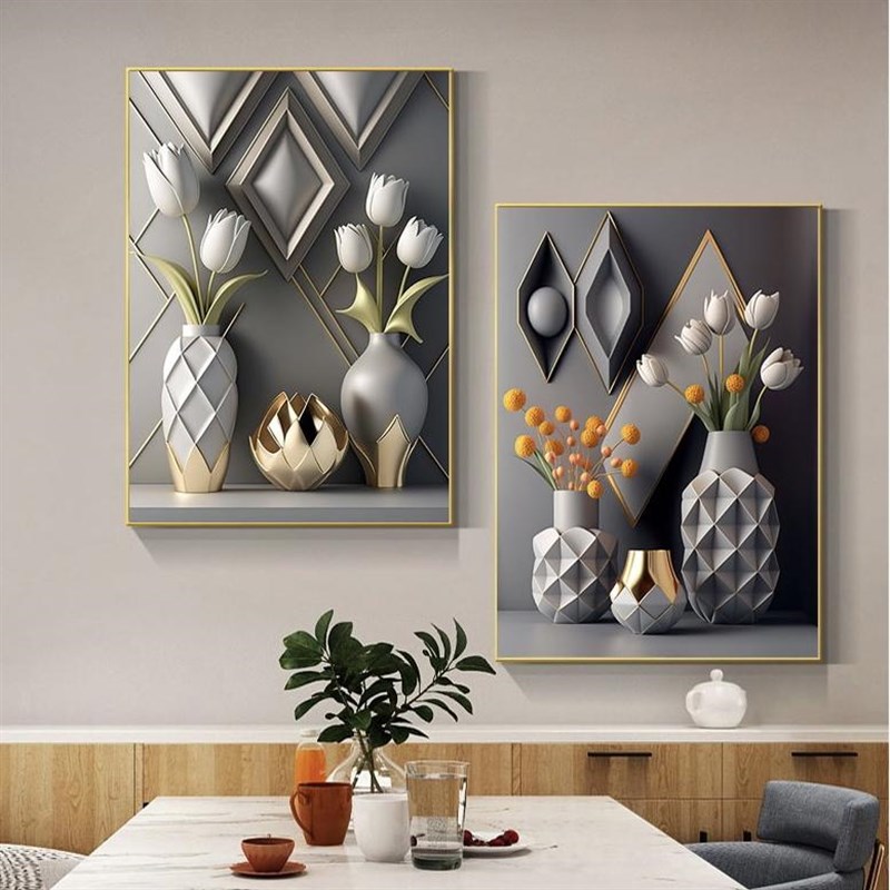 饭厅装饰厨房挂画 画餐桌饭店背景墙壁画 画花瓶水果两联现代简约图片