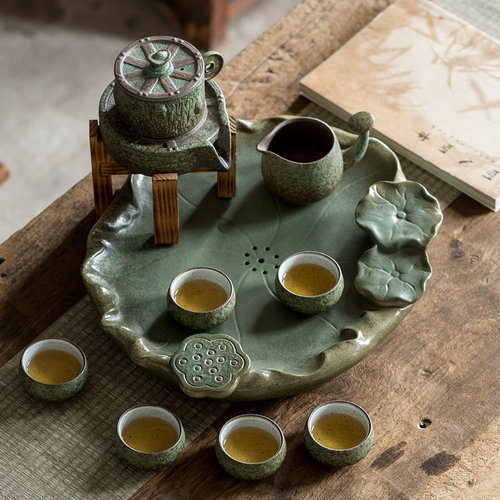 碌心 懒人功夫茶具套装 家用y陶瓷茶具石磨茶壶 半自动旋转泡茶器