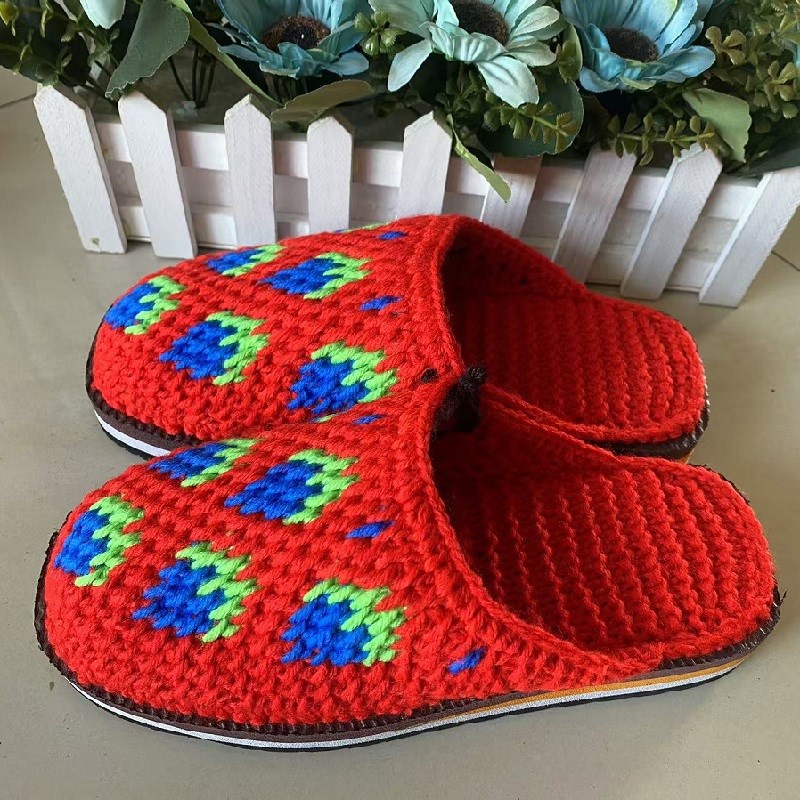 36/37码成人女手工编织居家防滑平底毛线拖鞋成品草莓成品现货冬