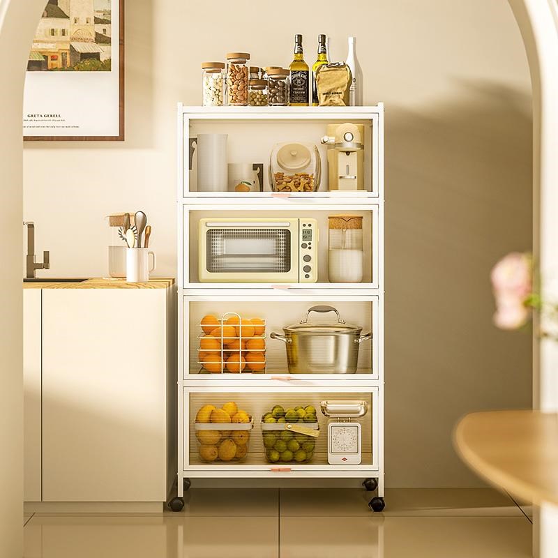厨房多层防尘翻盖柜夹缝柜多功能落地置物架微波炉架储物柜橱柜