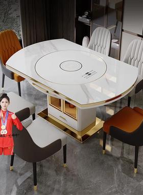 岩板餐桌用多能ZED带转家盘代简约小户型现可伸功缩折叠带电磁炉