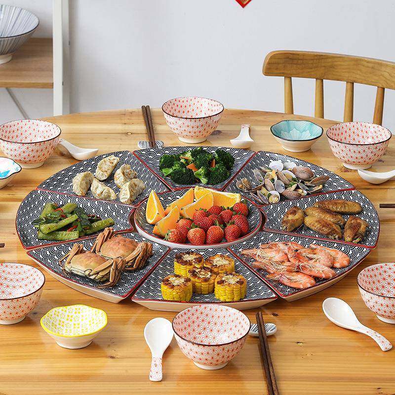 网红北欧ins风釉下彩具餐套装火锅扇形盘拼AMM家用轻大奢组合菜盘