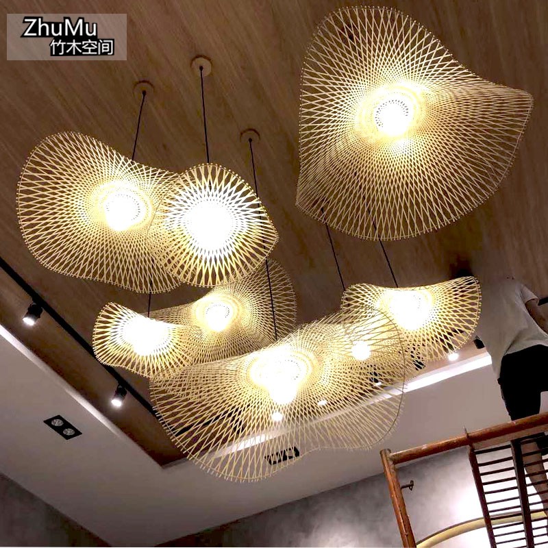 东南亚竹编吊灯中式禅意吧台餐厅灯日式民宿荷叶雨伞造.型装饰灯