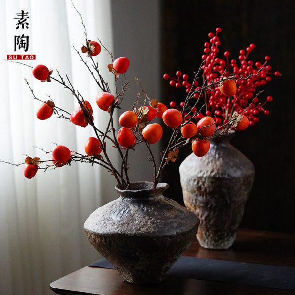 素陶禅意陶瓷花瓶粗陶罐子怀旧复古手工插花器民宿酒店侘寂风摆件