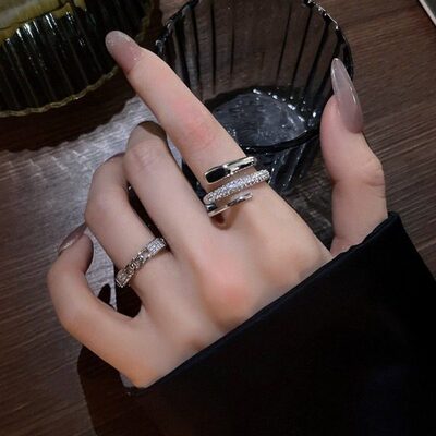 srrmhyn甜酷链条微镶锆石戒指女精致多层线条S925银开口叠戴指环