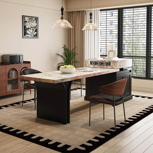 法式复古粉绿岩板岛台餐桌一体多功能储物可伸缩高级储物中导台桌