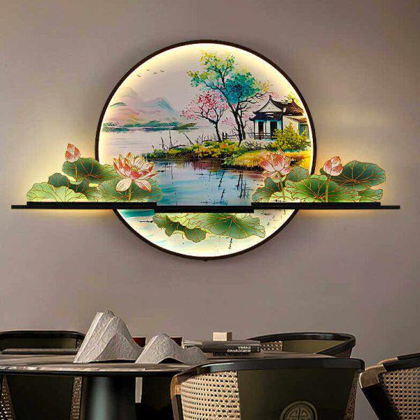 新款荷花壁画灯新中式入户玄关客厅餐厅茶室背景墙会所装饰壁灯挂