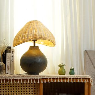 新中式台灯客厅卧室床头柜书房茶室禅意复古风格编织实木装饰灯具