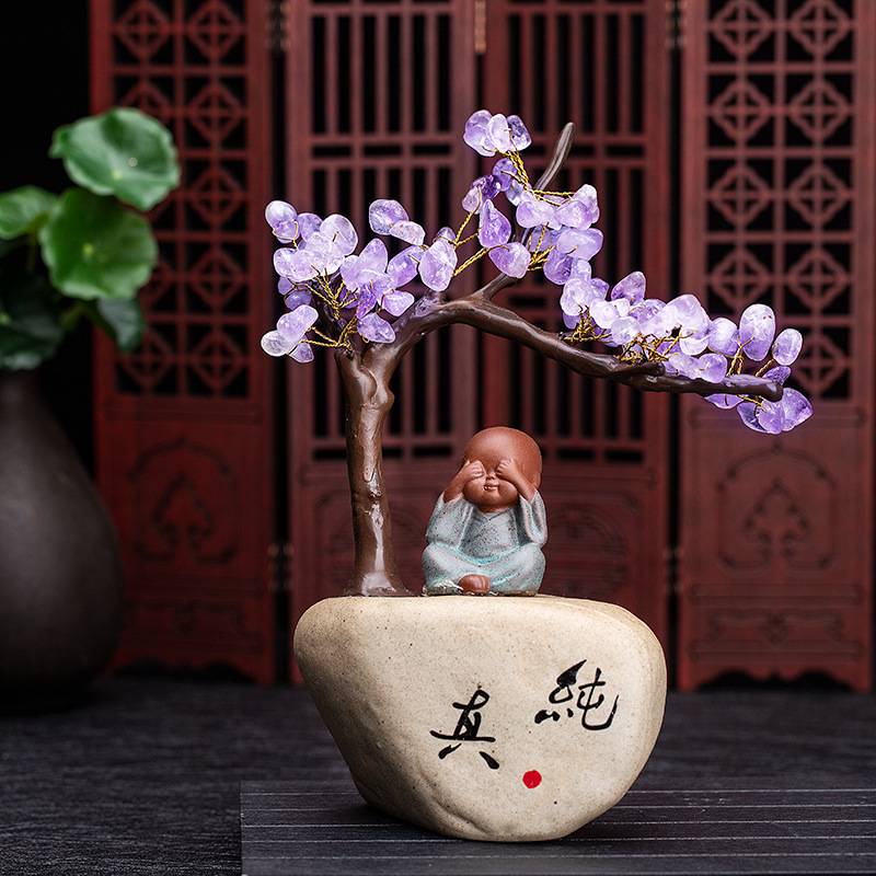 天然紫水晶树粗陶陶瓷摆件水晶花盆 室内家居办公桌创意摆件