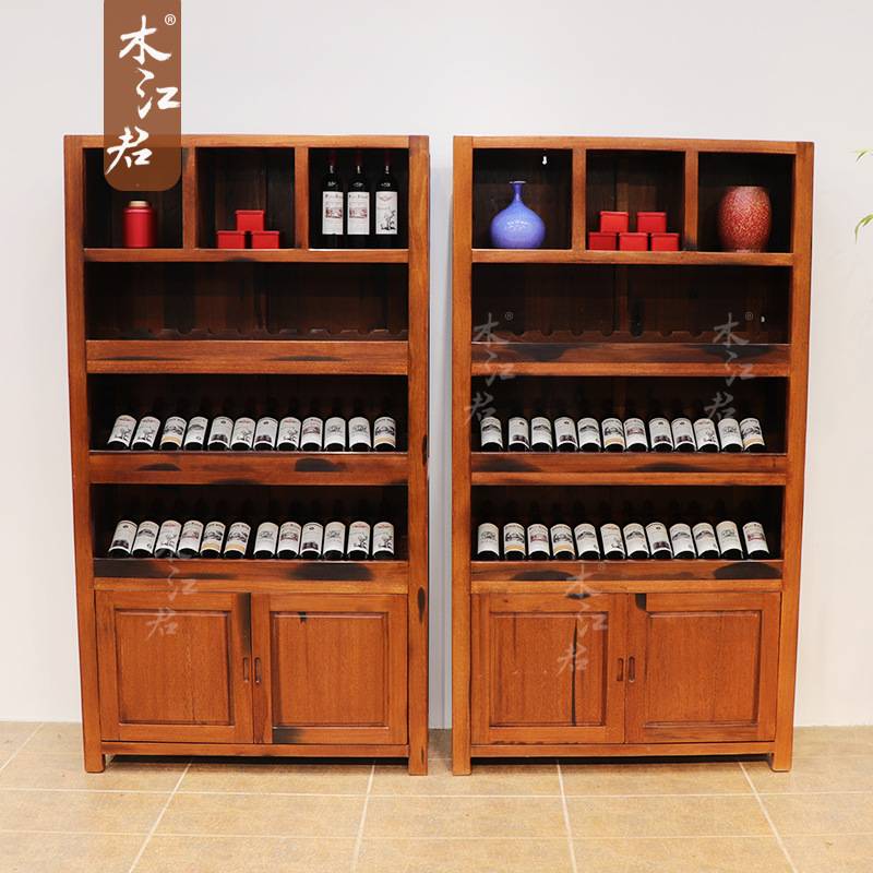 老船木实木红酒柜家用客厅隔断落地酒窖展示柜中式古风储物柜酒架