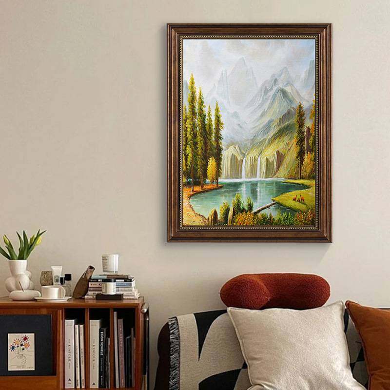 欧式聚宝盆风景山水入户玄关装饰画走廊挂画竖款油画美式客厅壁画
