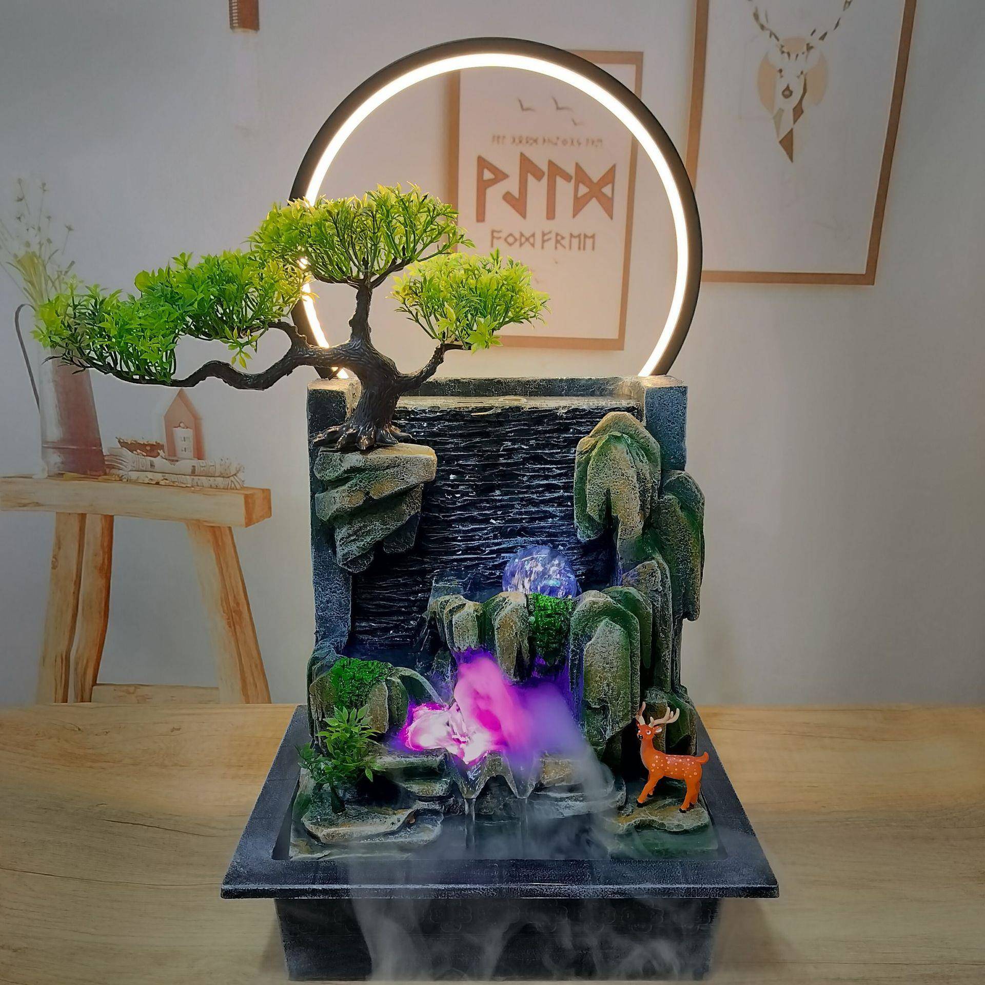 SAO环山流水喷泉厅摆件含假灯圈加湿器水幕墙循景观客办公室装饰