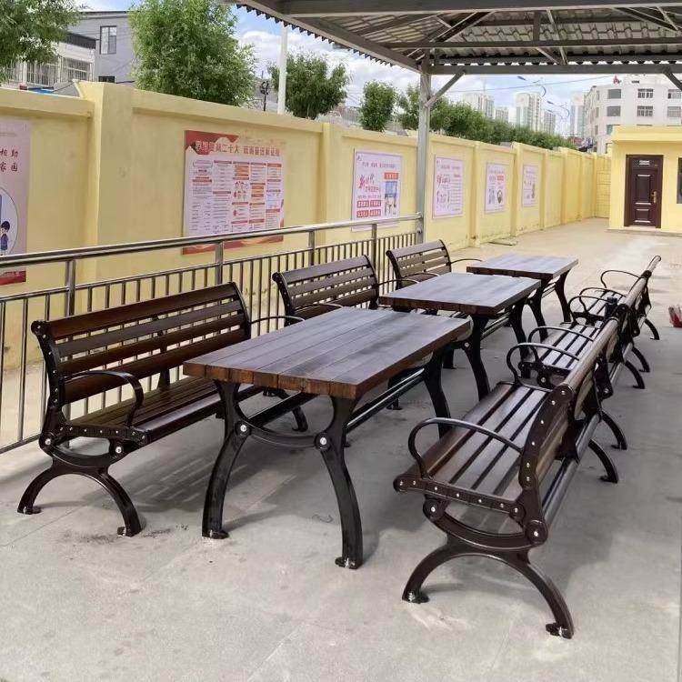 外休闲风座椅铁艺实公木圆桌户室防腐201木园椅外塑木简约庭院套