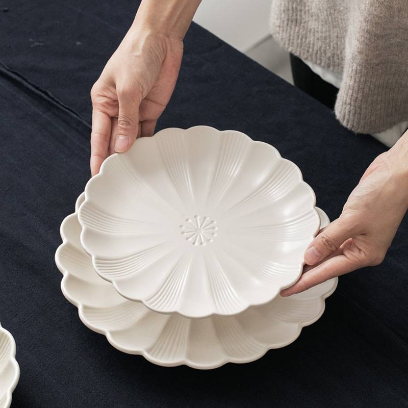 一人食 日式菊花器皿亚光陶瓷 餐盘具菜盘中餐深盘米饭碗家用磨砂