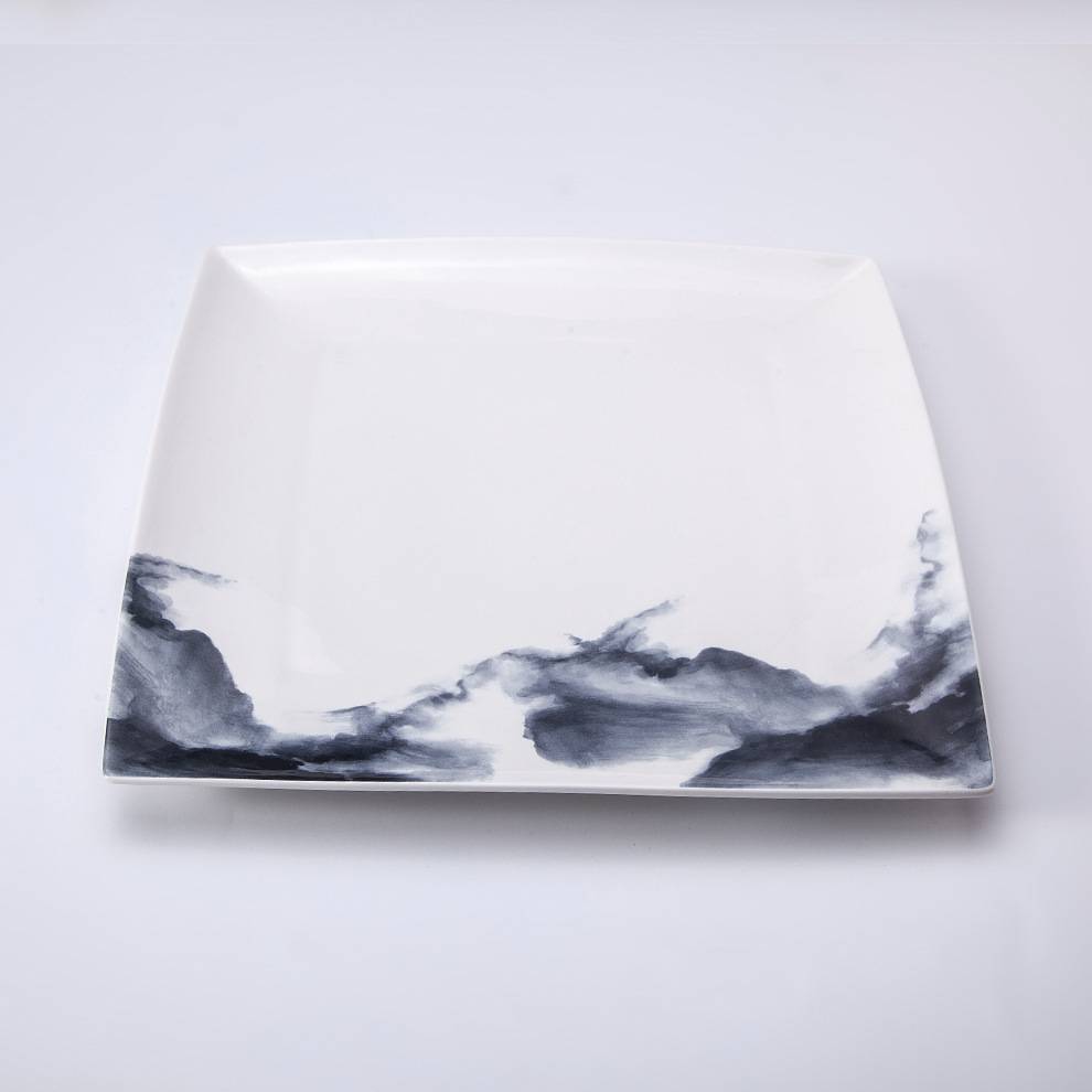 现货水墨画高档餐厅牛排盘高颜值陶瓷商用小炒四方盘时尚湘菜餐具