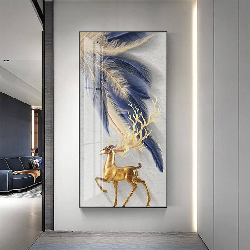 蓝色羽毛玄关装饰画现代简约轻奢风竖版过道走廊尽头挂画进门入户