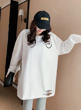 大码欧货版打底衫女磨毛t恤秋冬胖mm200斤洋气宽松U网红白色长袖