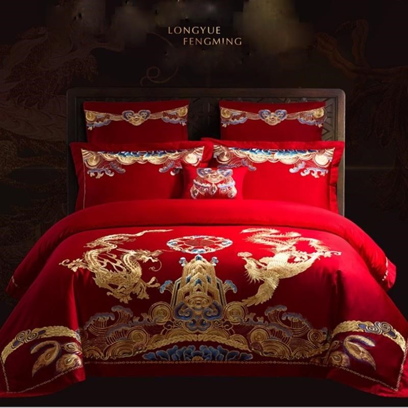 新款婚庆四件套纯棉大红色结婚刺绣全棉套件婚房龙凤喜被床上用品