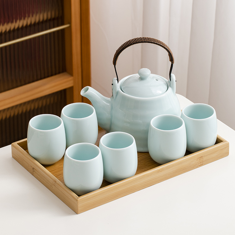 青瓷提梁壶茶具套装陶瓷家办公室用简约大号茶壶茶杯功夫茶具整套