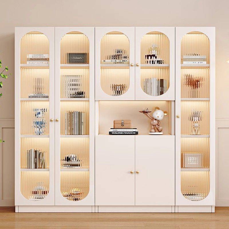 奶油风书柜一体整墙家用客厅轻奢实木书架落地带玻璃门展示柜