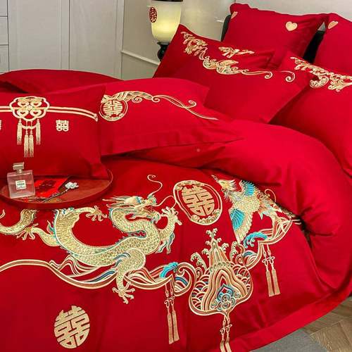 全棉长绒棉喜婚庆结婚DF-20240用四件套纯棉红色陪嫁被子婚新房婚