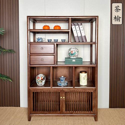 老榆木实木博古架子茶室茶叶茶具架多宝阁胡桃新中式餐柜置物架