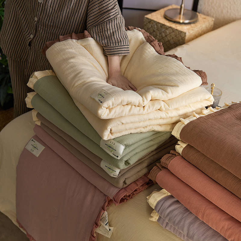 奶fufug超柔软全棉雾感双层纱夏被治愈系纯色花边空调被子可机洗